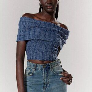 NWT UO Silence + Noise Starlett Foldover Blue Off the Shoulder Sweater